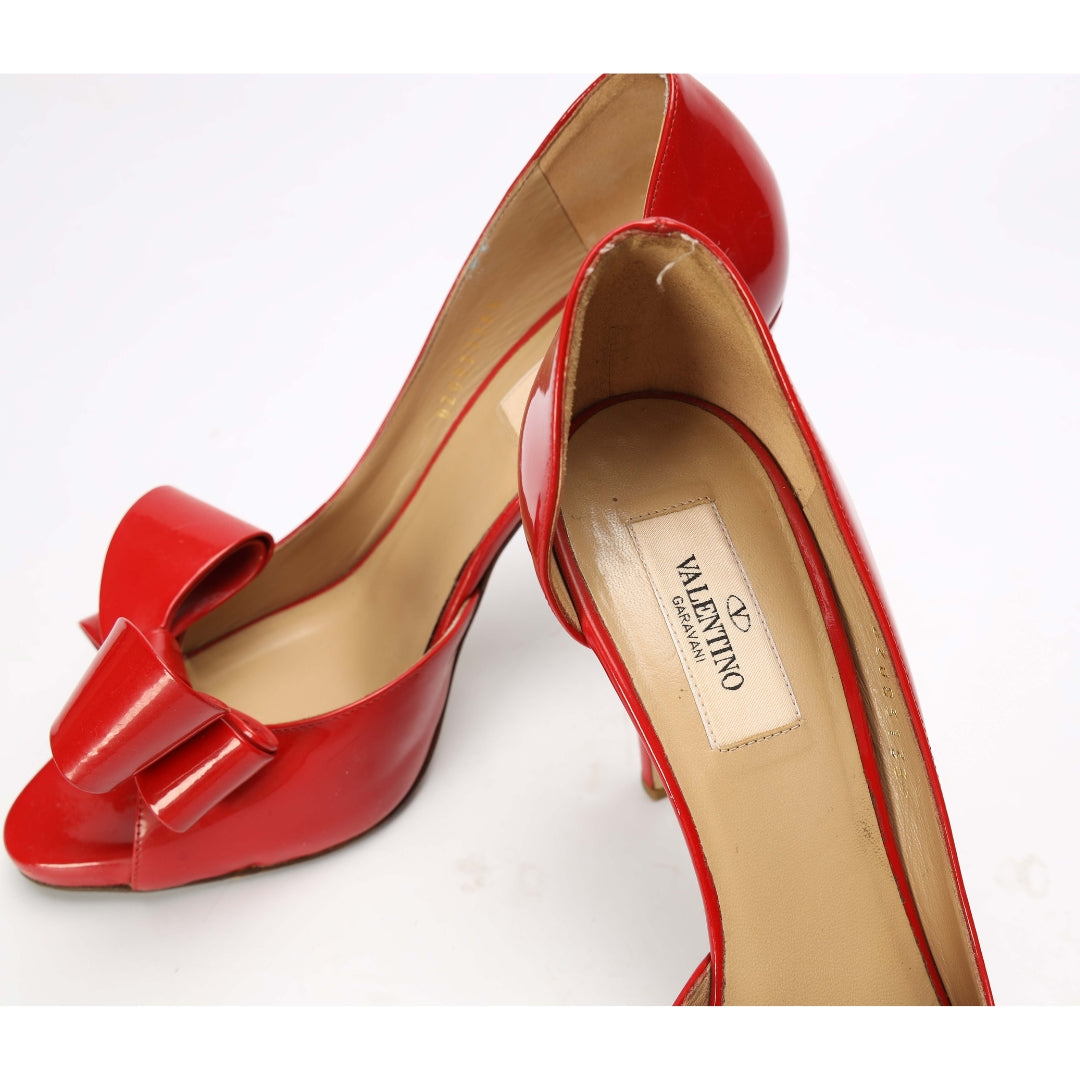 Valentino Red Leather Bow Peep Toe Pumps