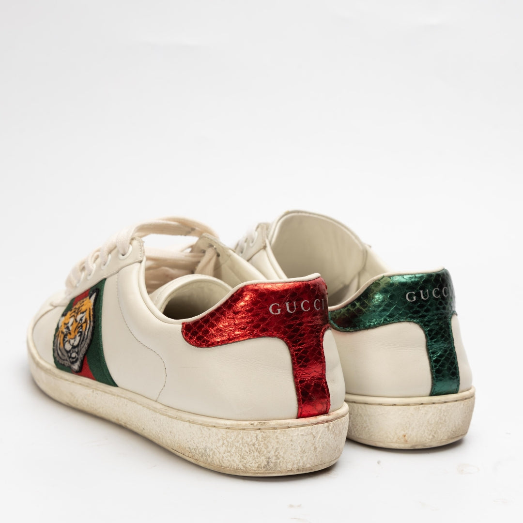 Gucci White Leather Ace Tiger Low Top Sneakers