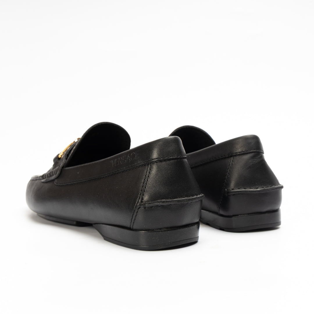 Versace Black Leather Medusa Slip On Loafers