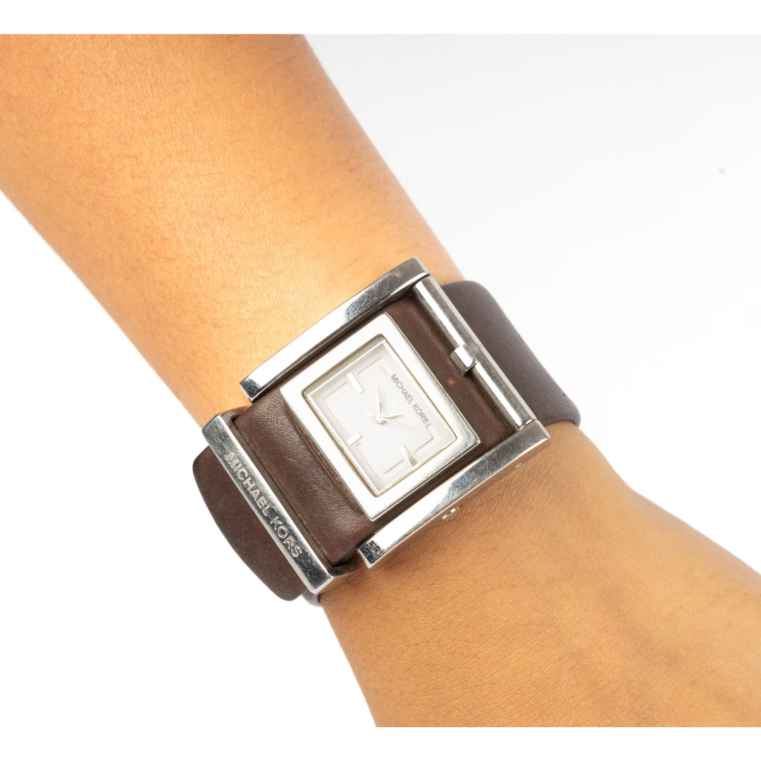 Michael Kors Silver Stainless Steel Brown Leather Wristwatch