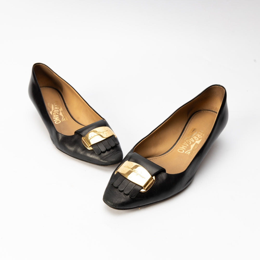 Salvatore Ferragamo Black Leather Fringe Detail Pumps