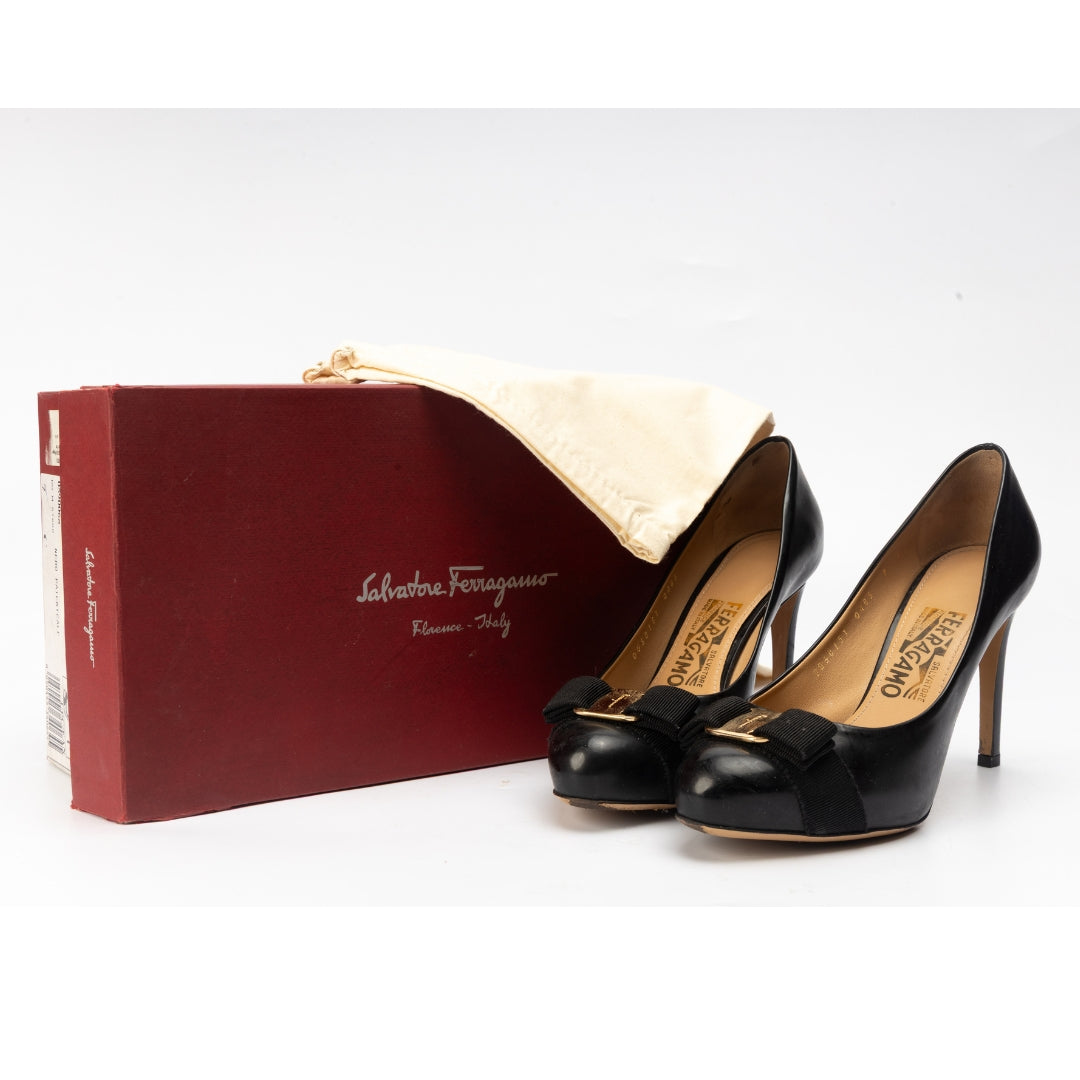 Salvatore Ferragamo Vara Black Patent Leather Bow Pump