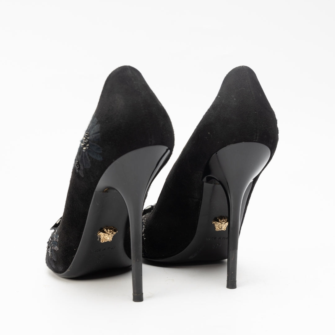 Versace Black Suede Medusa Pointed Toe Pumps