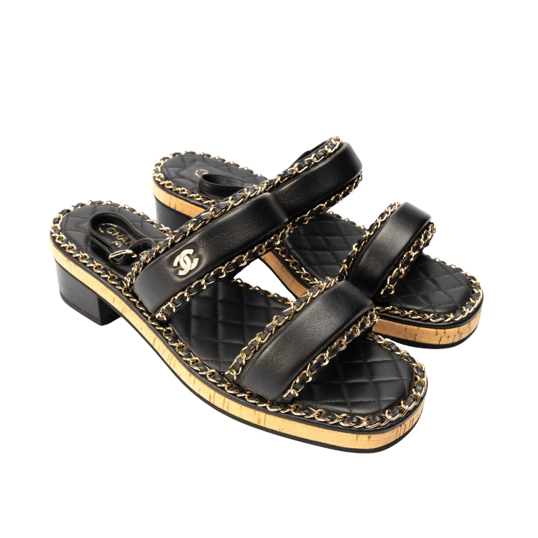 Chanel Black Chain Link CC Cork Sandals