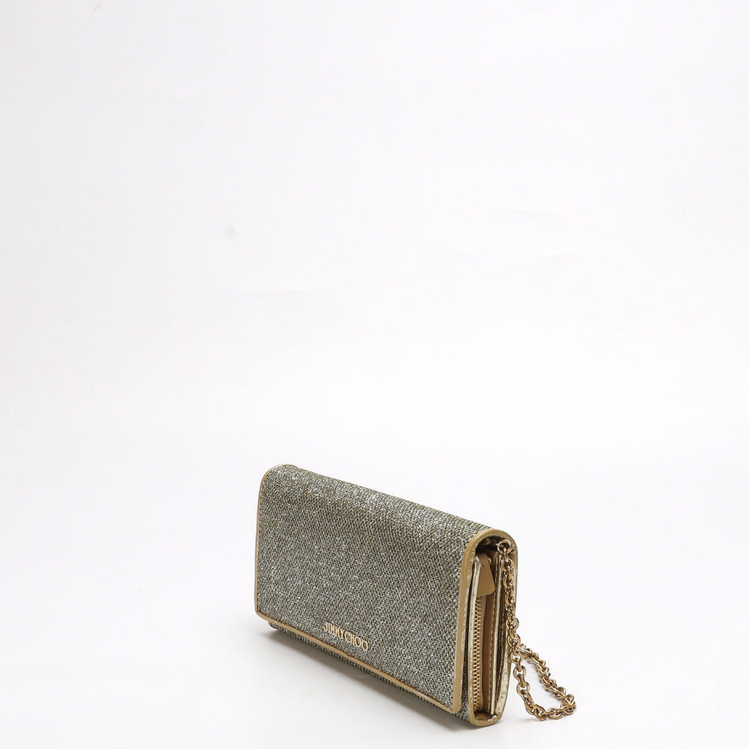 Jimmy Choo Silver Glitter Flap Wallet on Chain