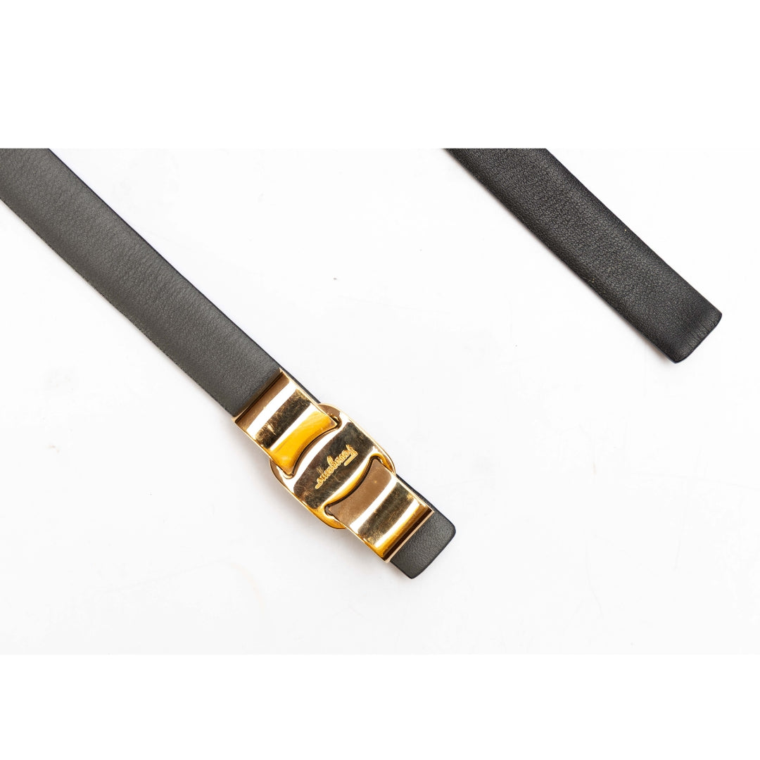 Salvatore Ferragamo Black Leather Vara Bow Slim Belt