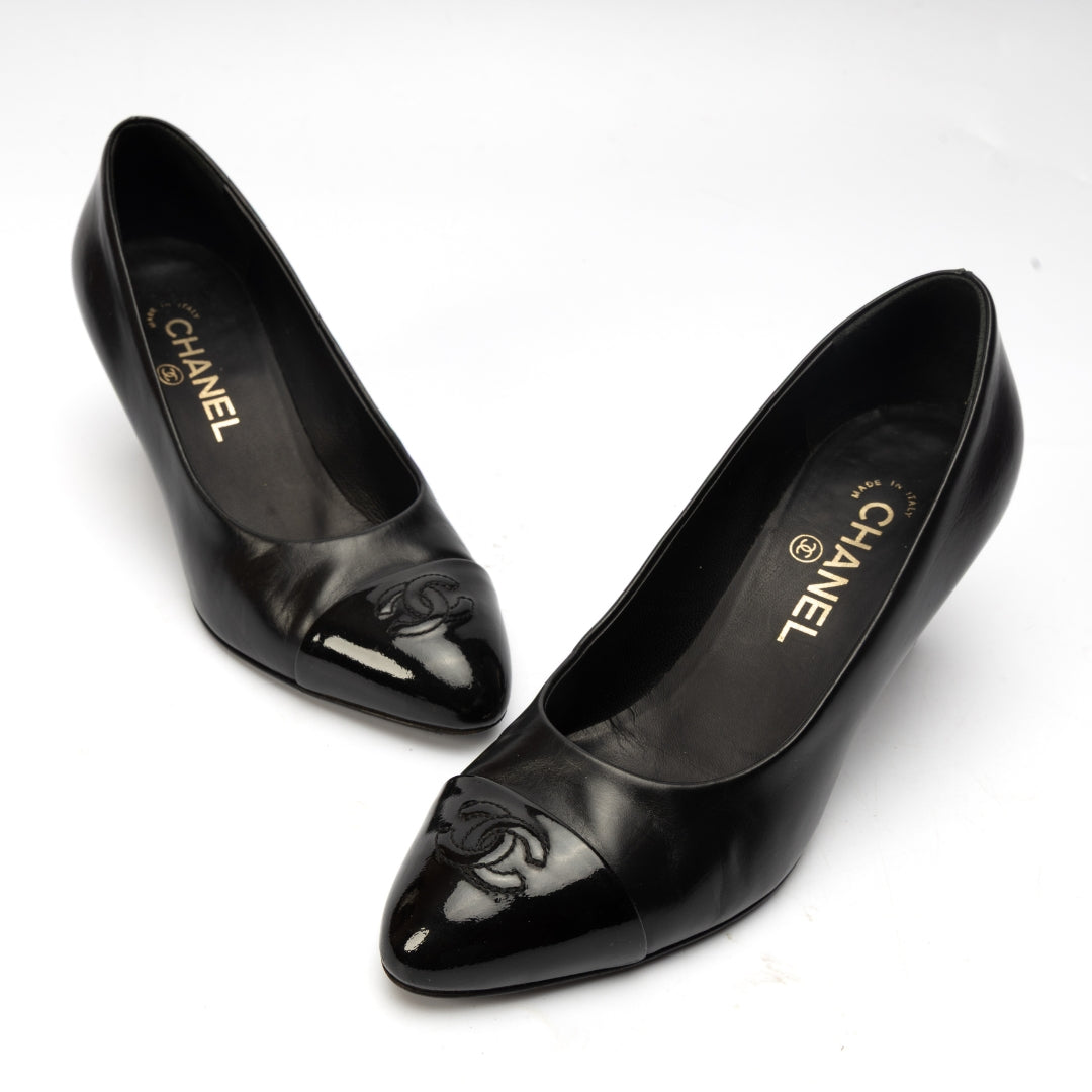 Chanel Black Leather CC Cap Toe Pumps