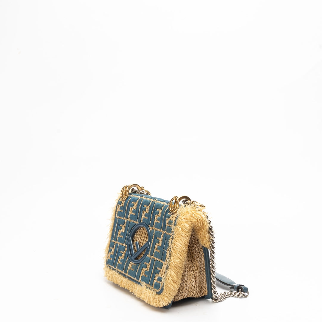 Fendi Beige/Blue Raffia Small Kan Shoulder Bag