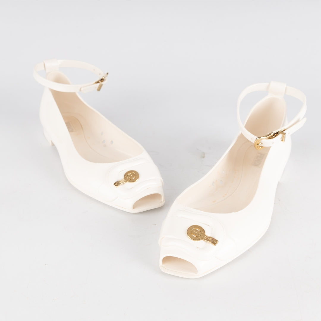 Fendi White Jelly Peep Toe Ankle Strap Ballet Flats