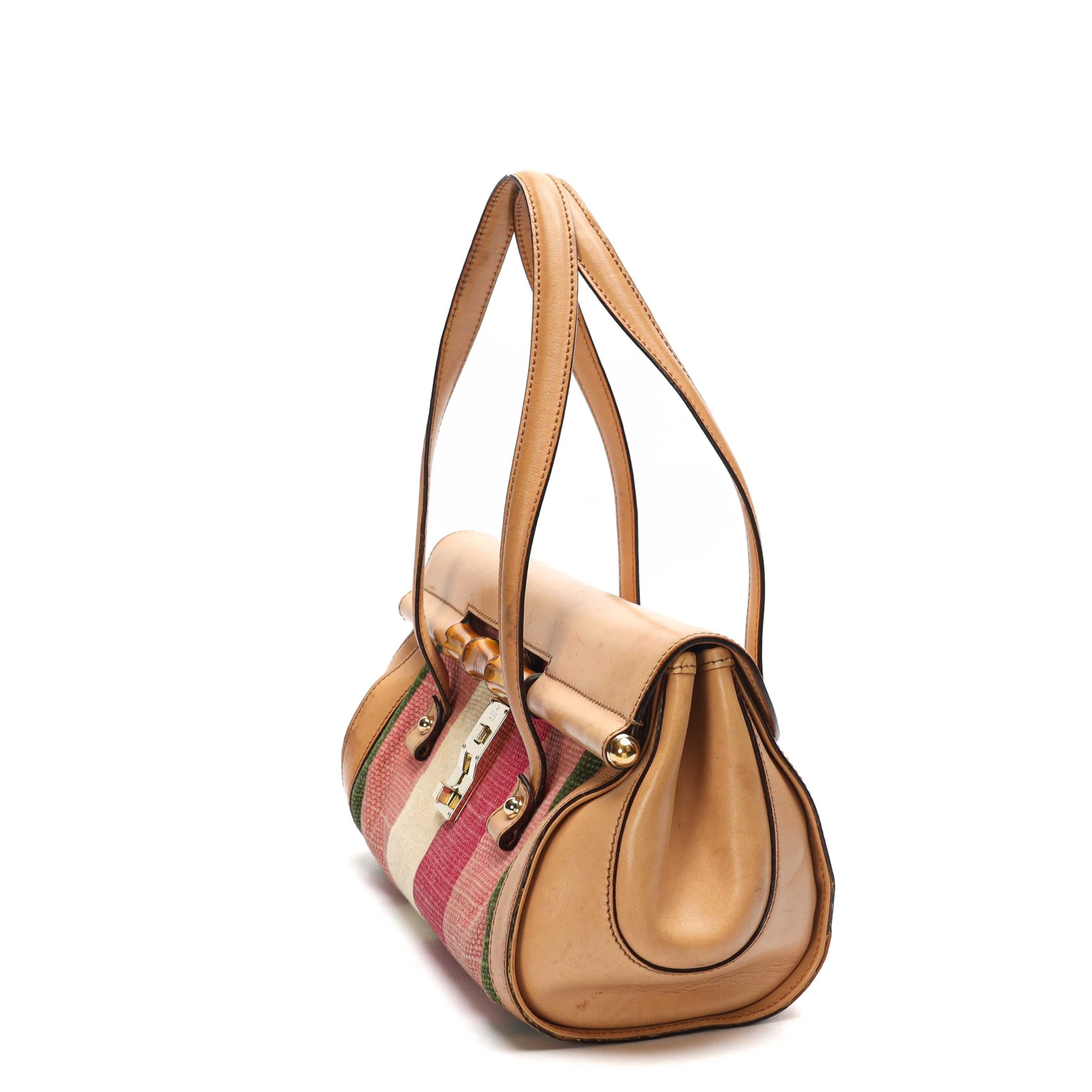 Gucci Pink/Beige Canvas Bamboo Bullet Satchel