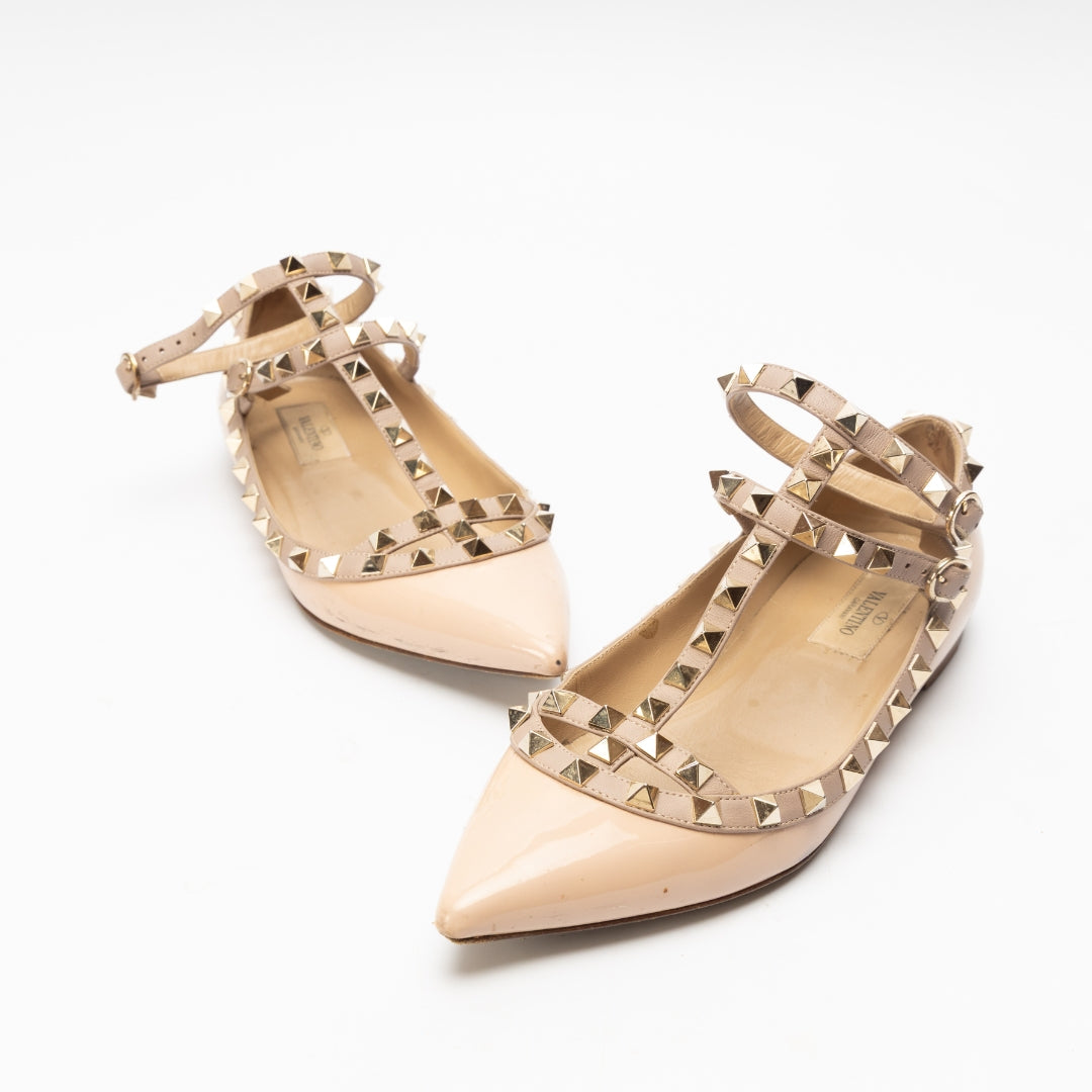 Valentino Dusty Pink Leather Rockstud Strappy Ballet Flats