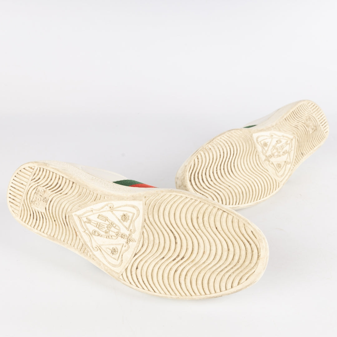Gucci White Leather and Python Embossed Ace Bee Embroidered Sneakers