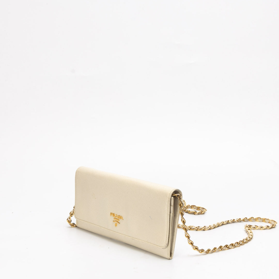 Prada Beige Metal Logo Flap Wallet On Chain