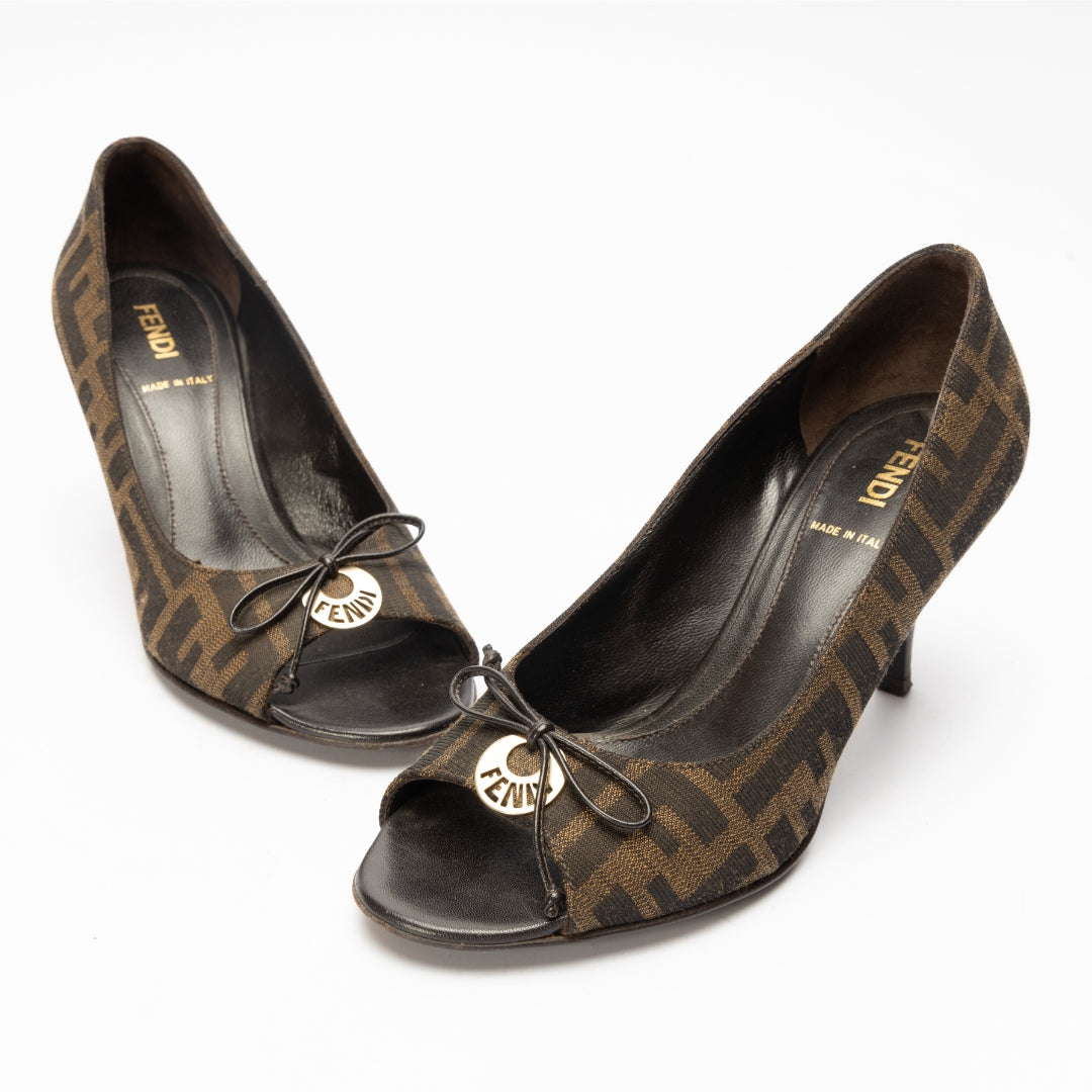 Fendi Brown Zucca Canvas Bow Peep Toe Pumps