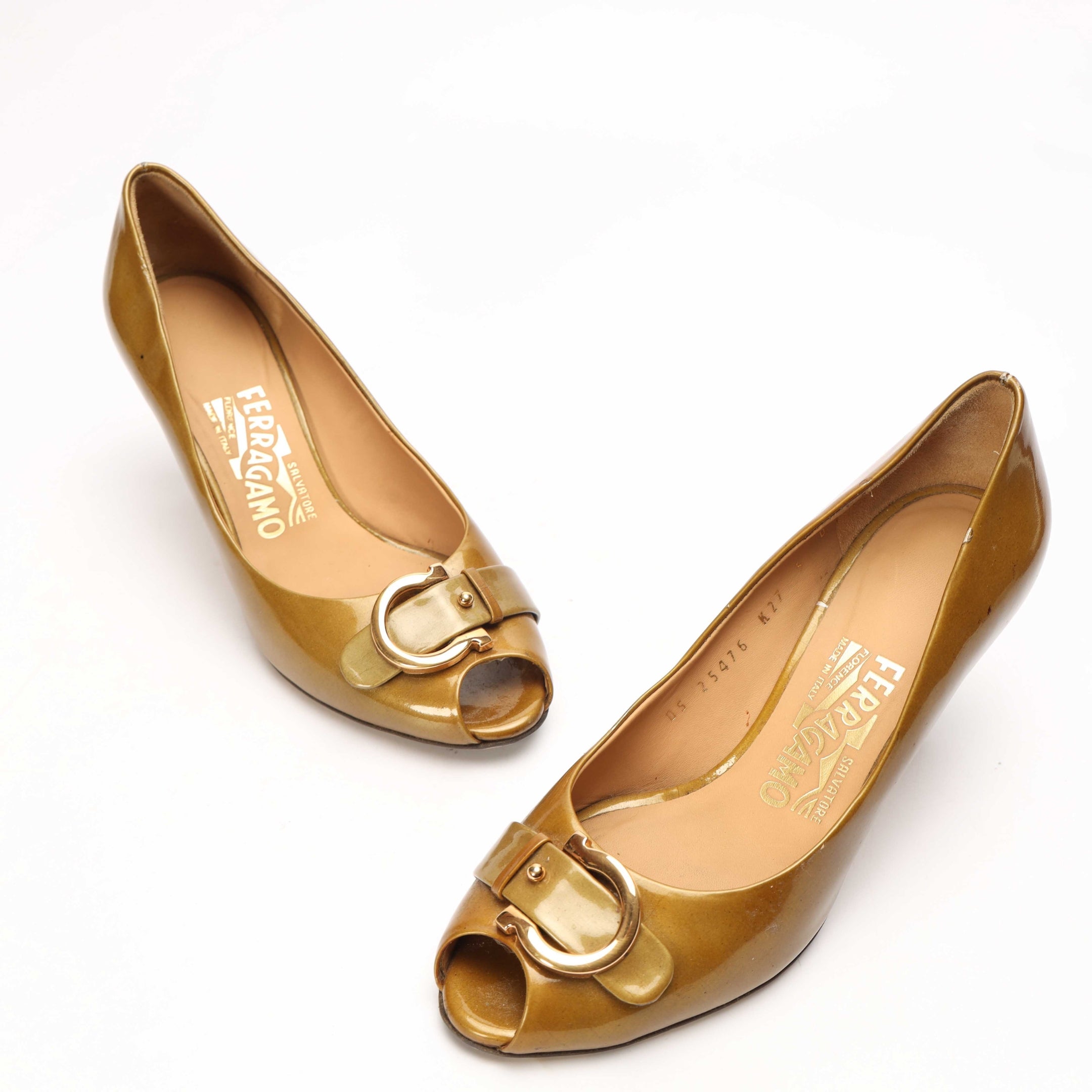 Salvatore Ferragamo Gold Gancio Bit Peep Toe Pumps