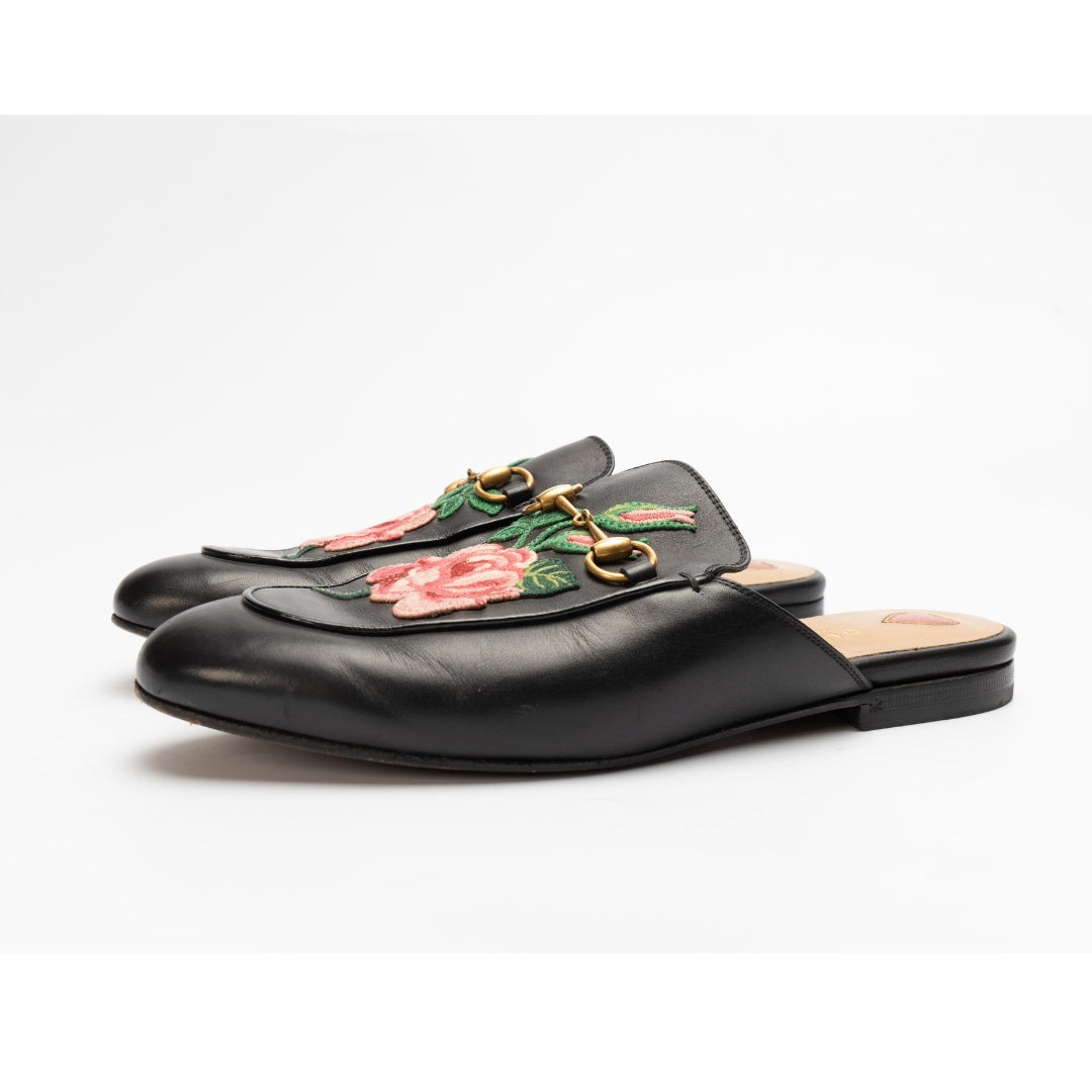 Gucci Black Princetown Flower Flat Mules