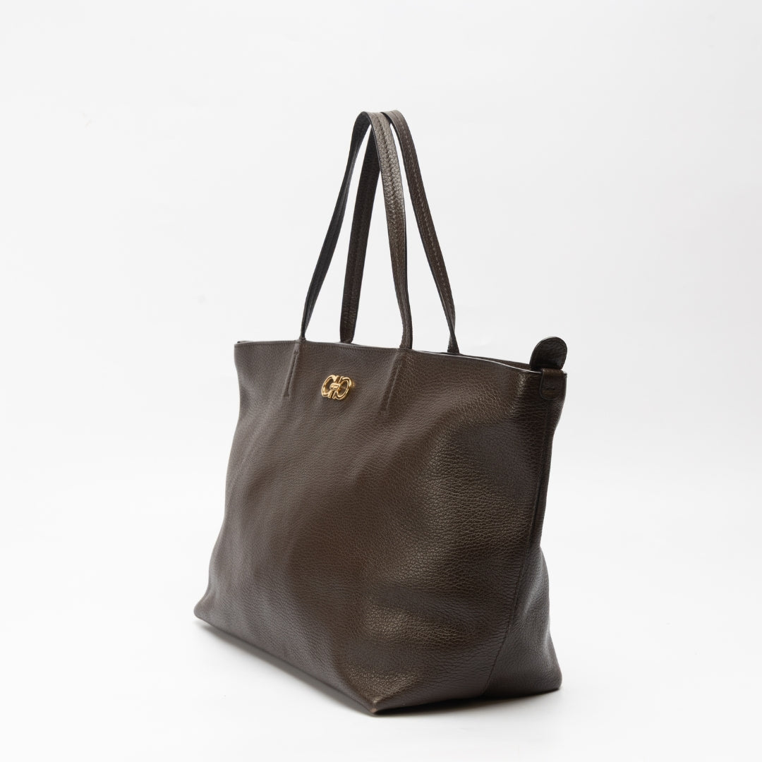Salvatore Ferragamo Brown Pebbled Leather Bice Tote Bag