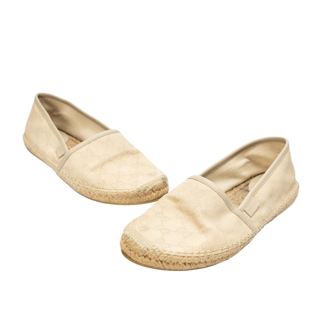 Gucci Beige GG Canvas Leather Slip On Espadrille Flats