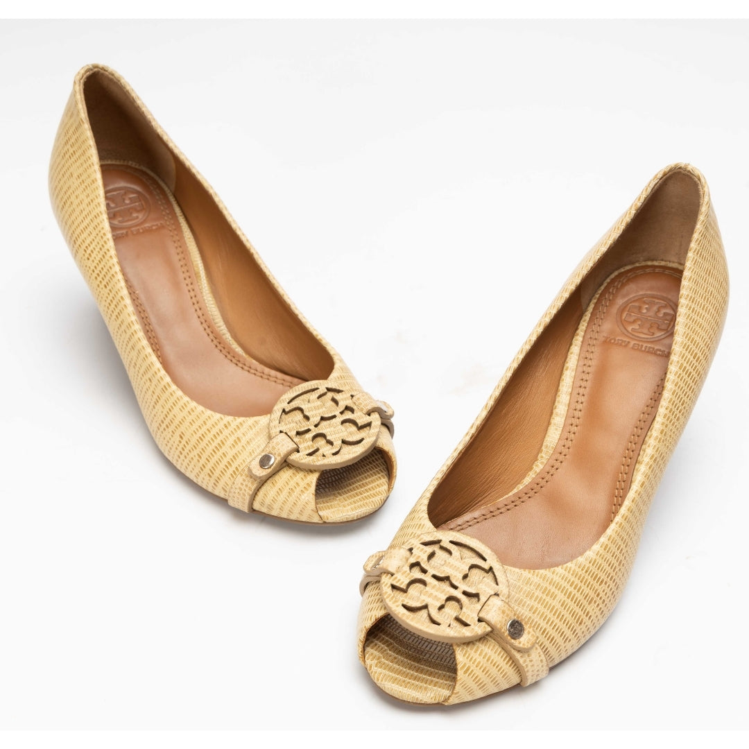 Tory Burch Lizard Embossed Leather Wedge Pumps
