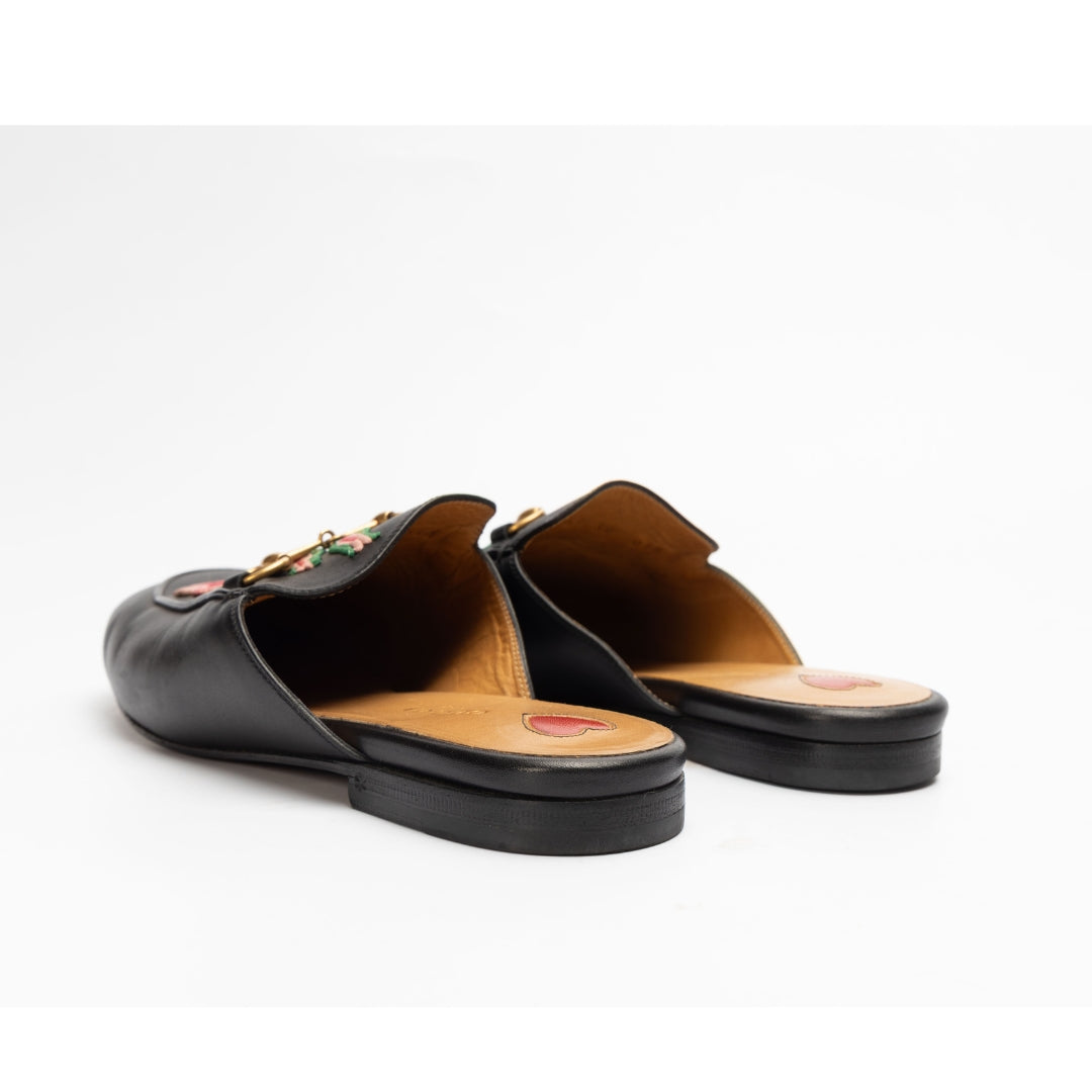 Gucci Black Princetown Flower Flat Mules