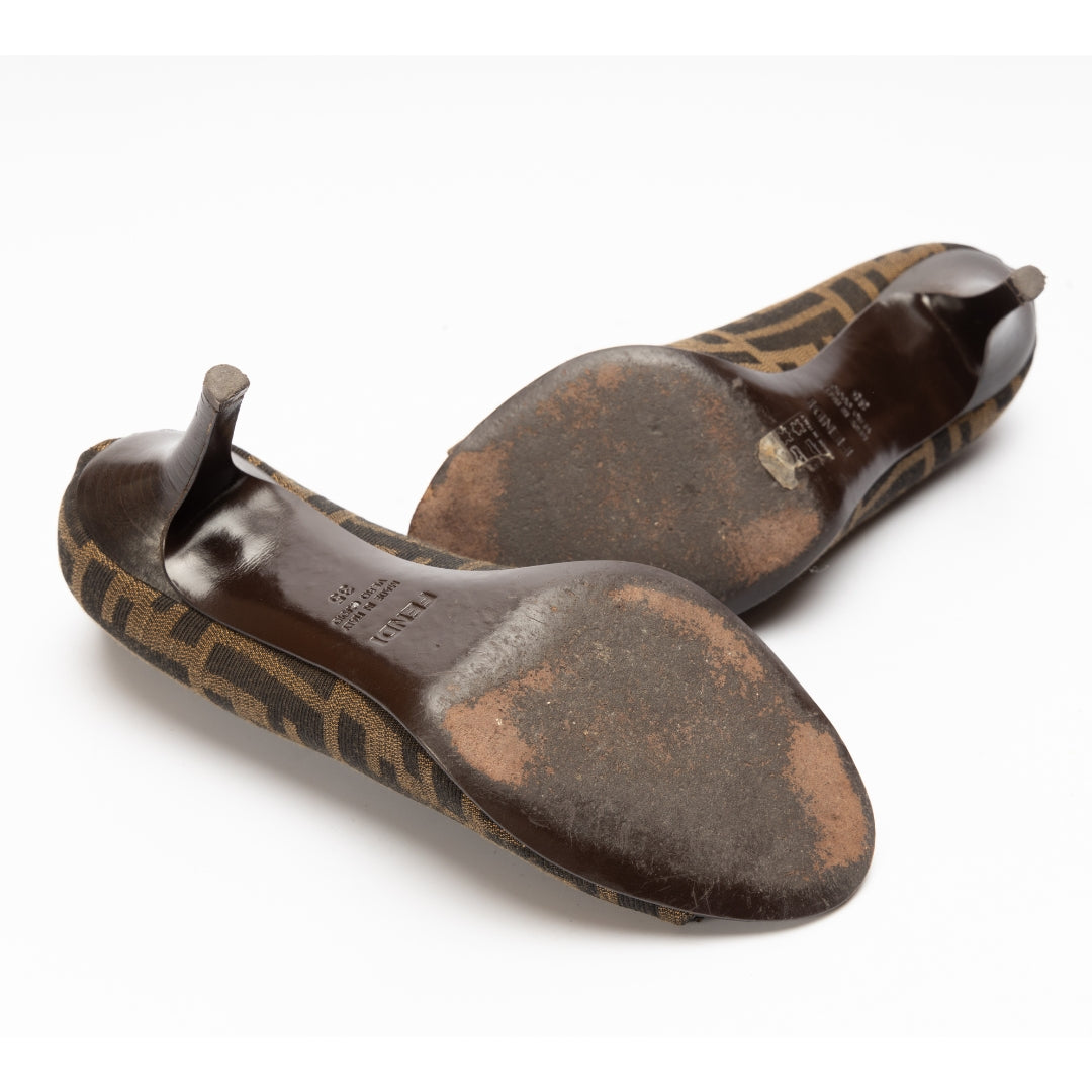 Fendi Brown Zucca Canvas Bow Peep Toe Pumps