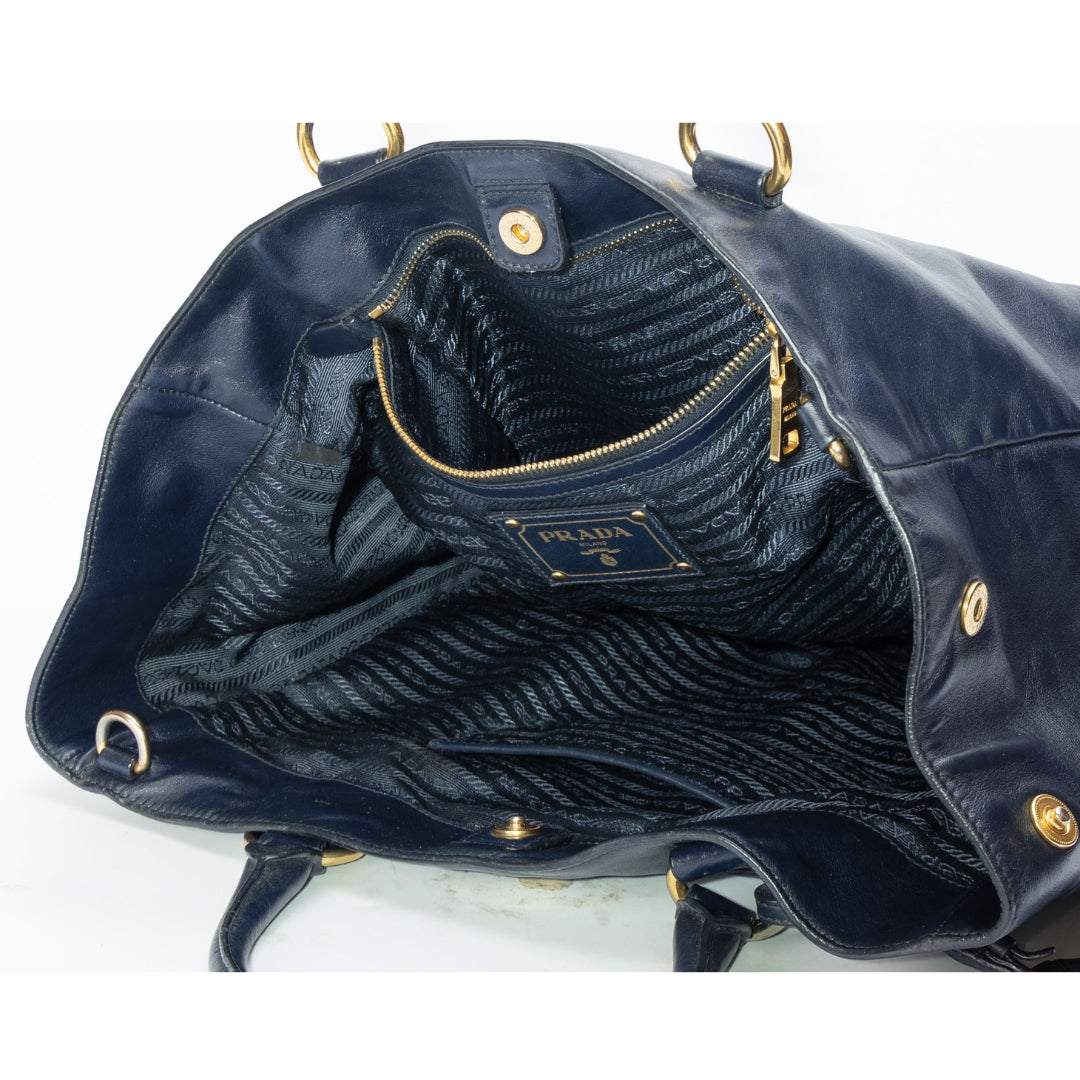 Prada Blue Soft Leather Front Zip Tote