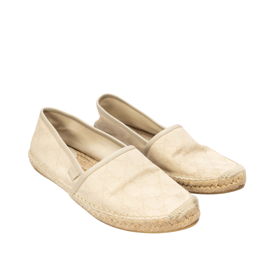 Gucci Beige GG Canvas Leather Slip On Espadrille Flats