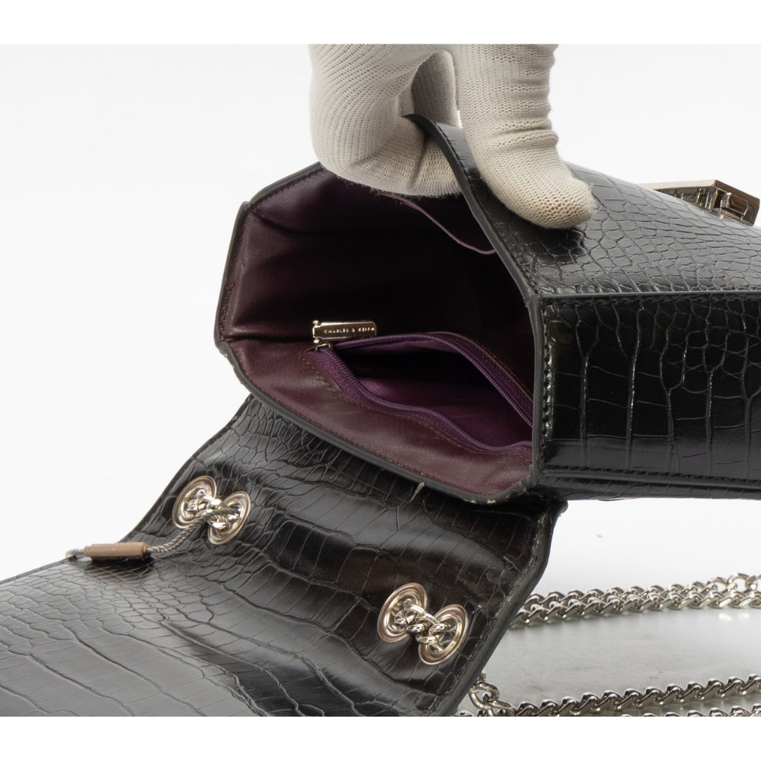 Charles & Keith Black Snake Skin Textured Shoulder Bag