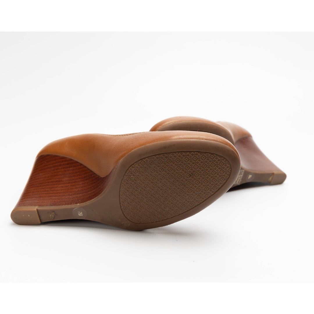 Tory Burch Brown Leather Logo Wedge Round Toe Pumps