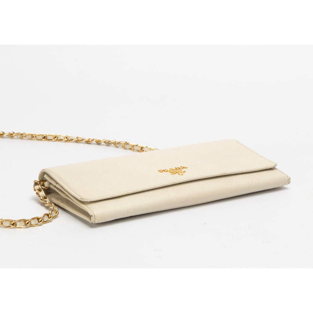 Prada Beige Metal Logo Flap Wallet On Chain