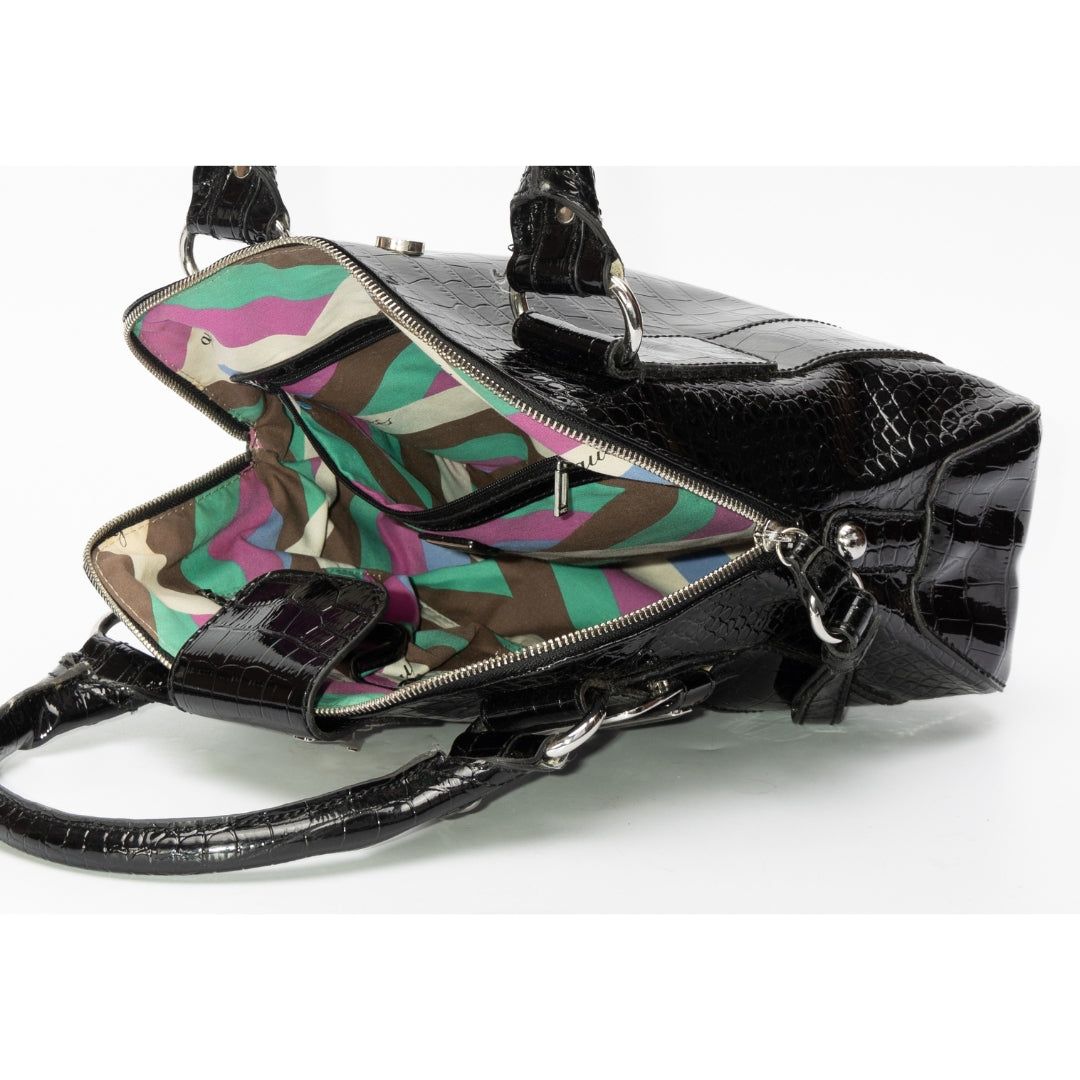 Guess Black Faux Crocodile Top Handle Bag