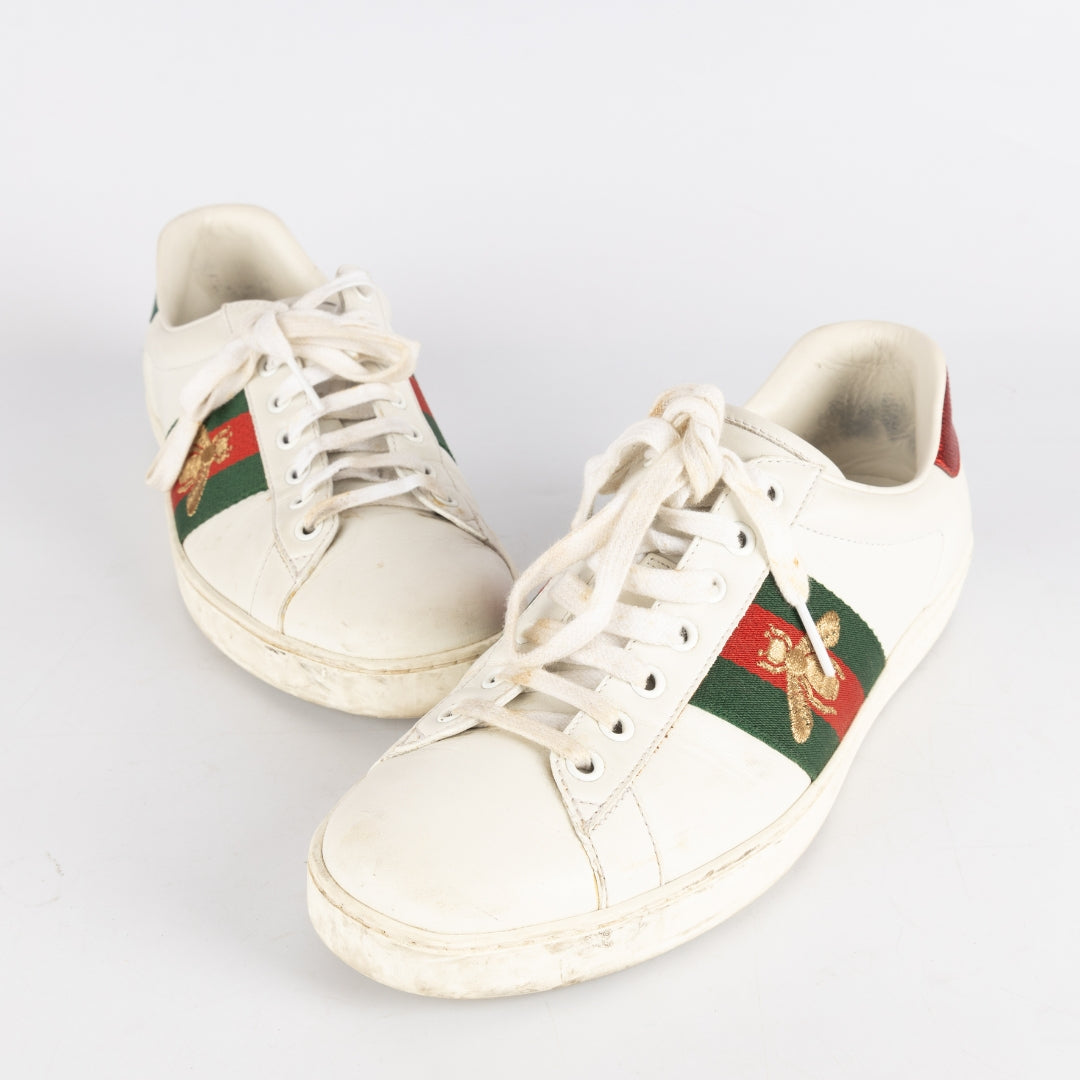 Gucci White Leather and Python Embossed Ace Bee Embroidered Sneakers