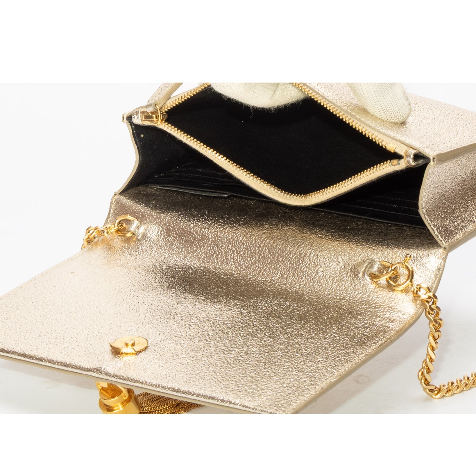 Saint Laurent Gold Textured Leather Wallet on Chain