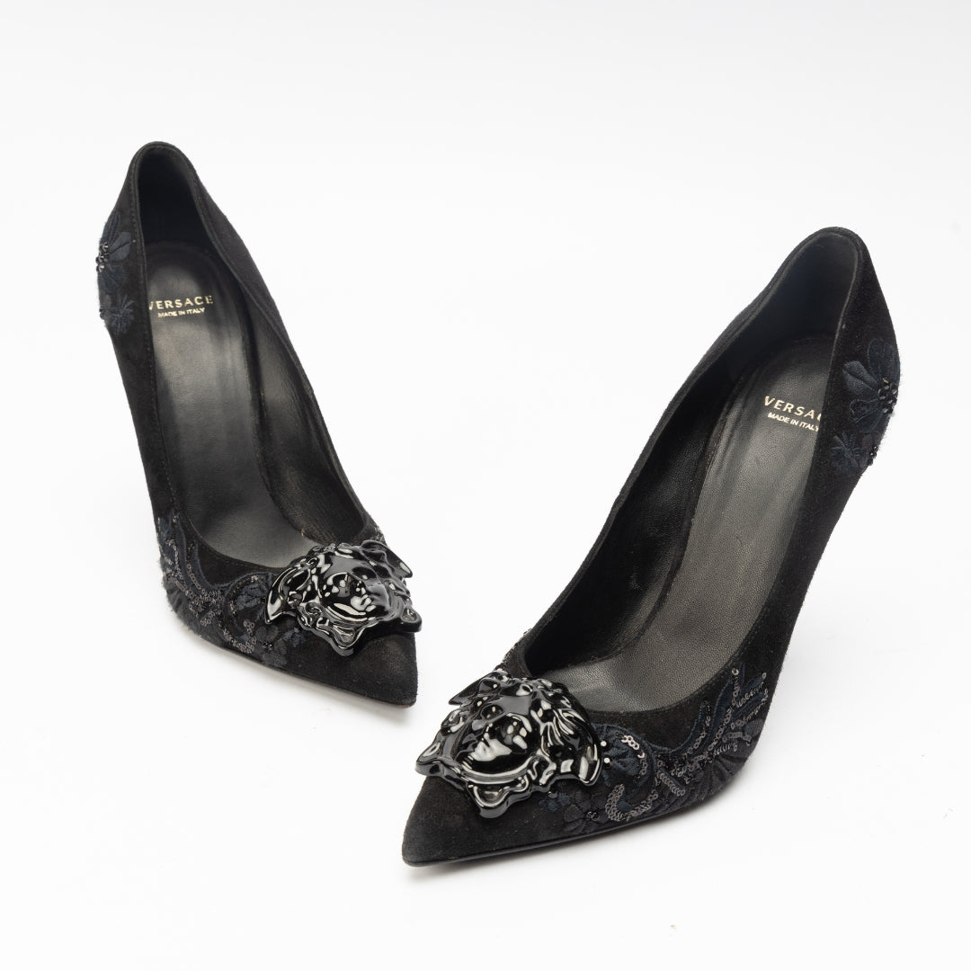Versace Black Suede Medusa Pointed Toe Pumps
