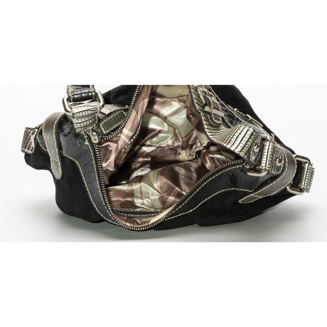 Guess Chunky Monogram Black Studded Canvas Hobo Bag