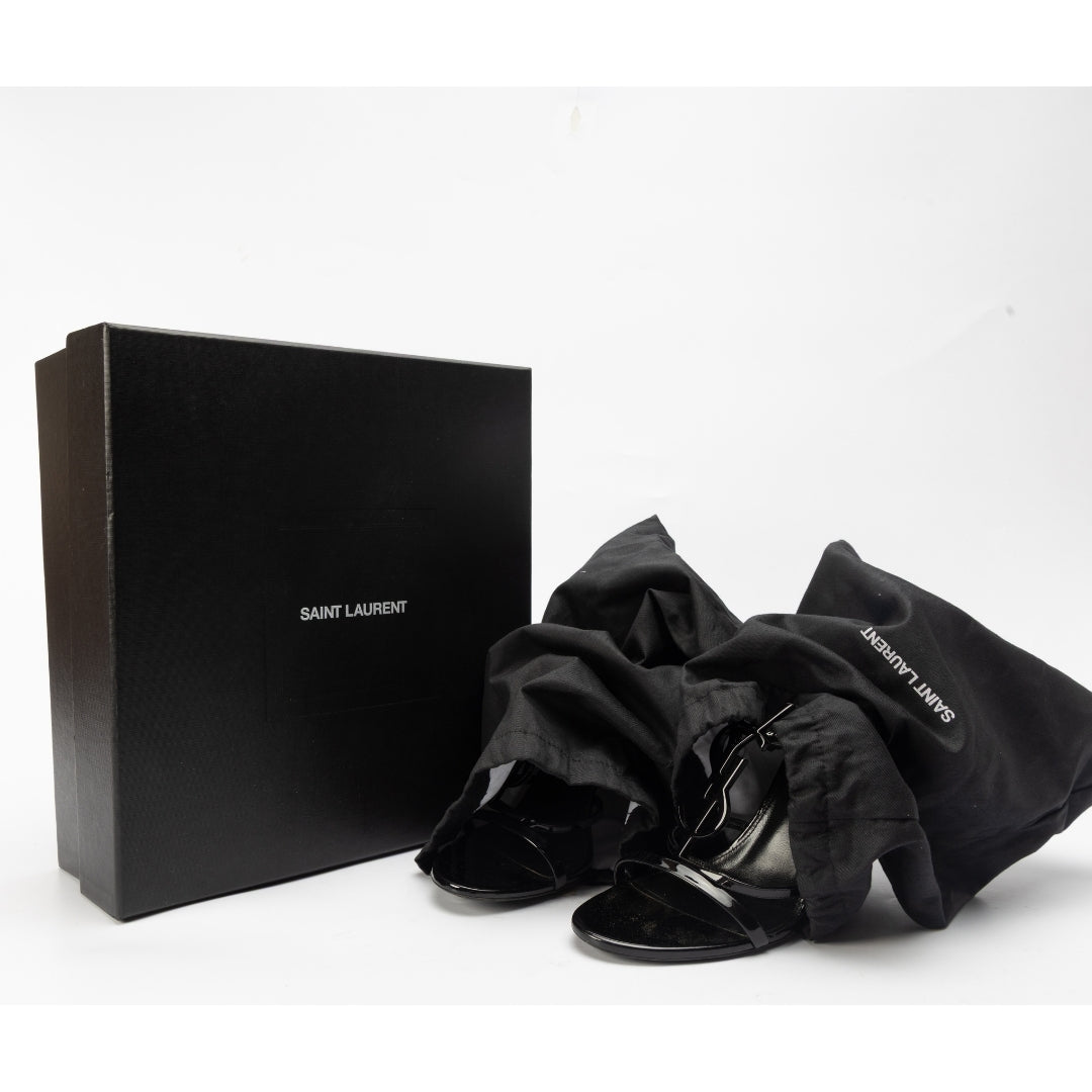 Saint Laurent Paris Black Patent Leather Monogram Cassandra Sandals