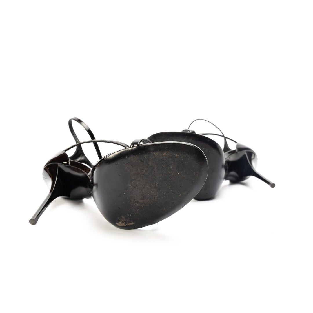 Saint Laurent Paris Black Patent Leather Monogram Cassandra Sandals