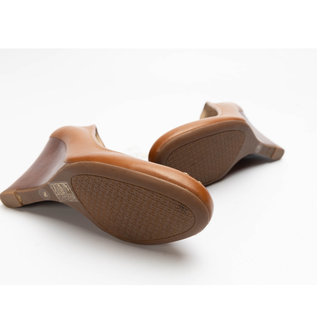 Tory Burch Brown Leather Logo Wedge Round Toe Pumps