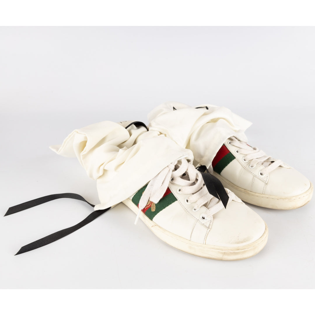 Gucci White Leather and Python Embossed Ace Bee Embroidered Sneakers