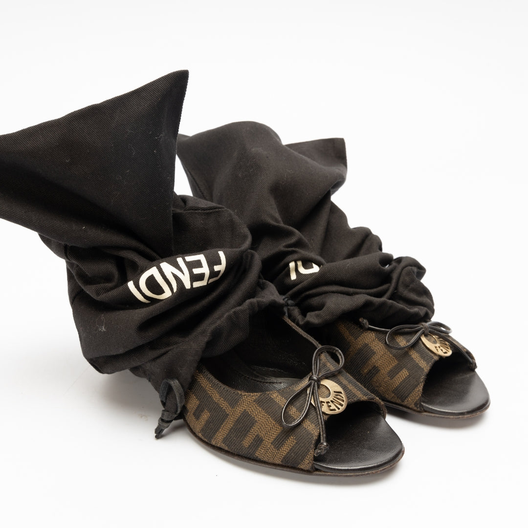 Fendi Brown Zucca Canvas Bow Peep Toe Pumps