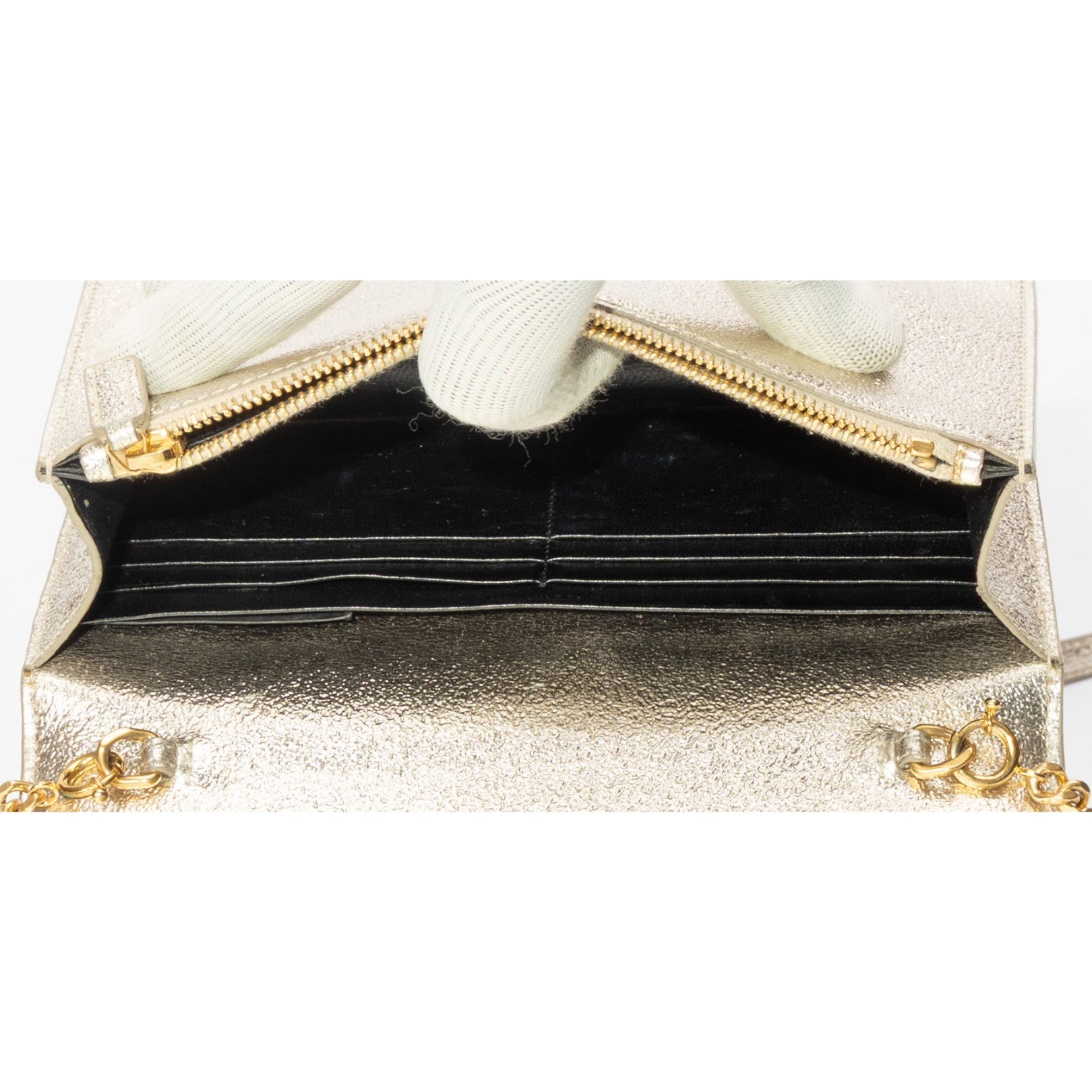 Saint Laurent Gold Textured Leather Wallet on Chain