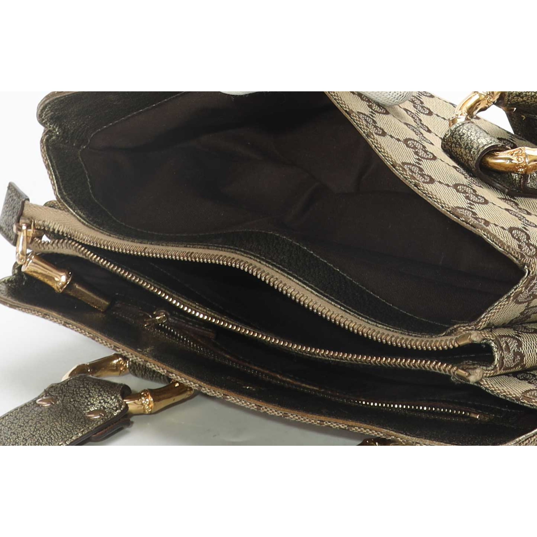 Gucci Metallic/Beige GG Canvas Bamboo Ring Satchel