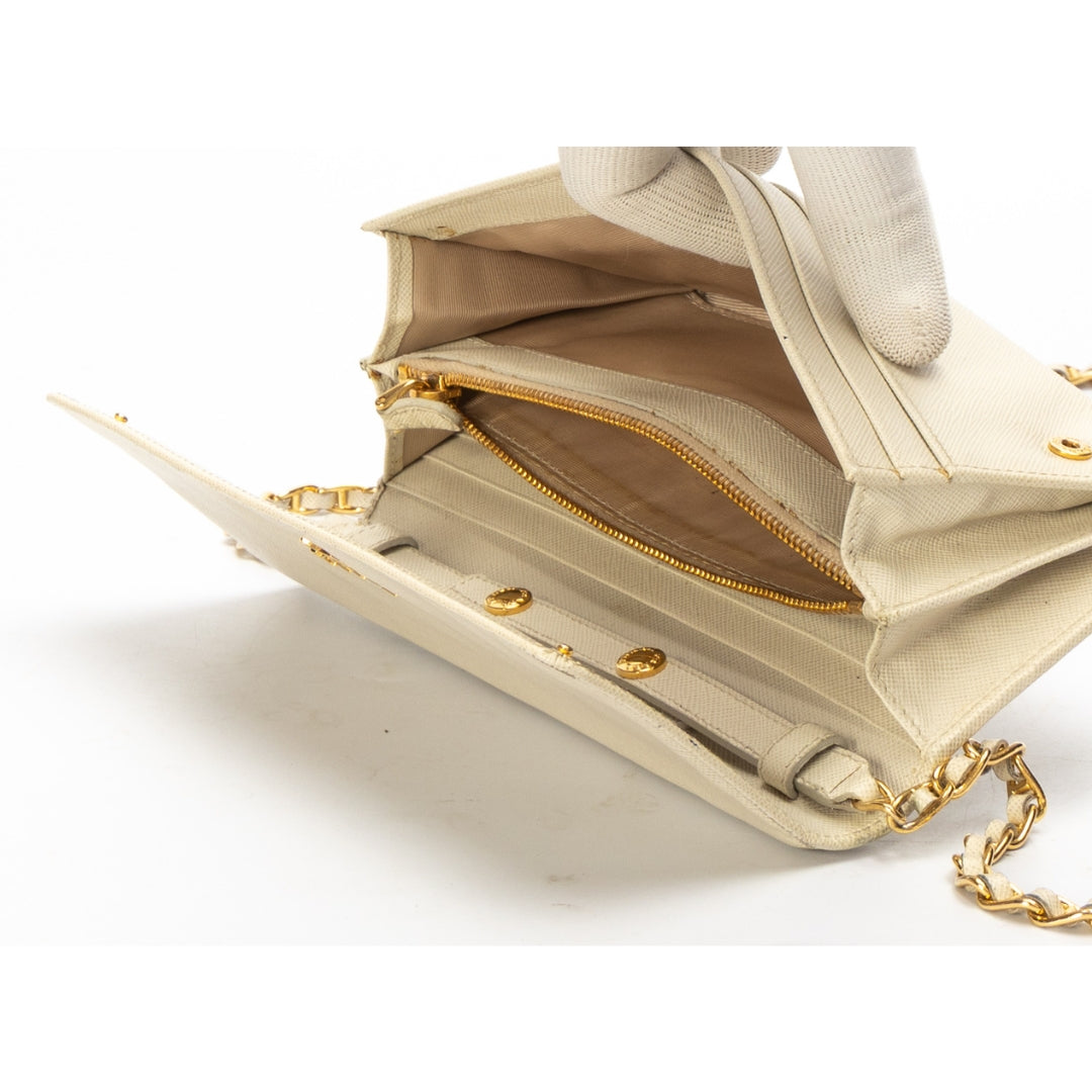 Prada Beige Metal Logo Flap Wallet On Chain