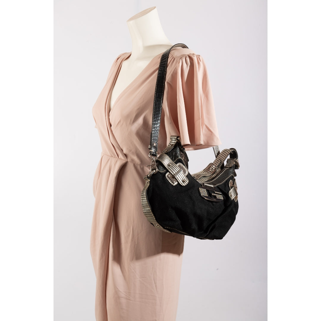Guess Chunky Monogram Black Studded Canvas Hobo Bag