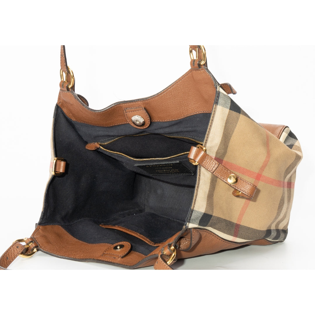 Burberry Brown Leather and House Check Canvas Canterbury Tote Bag