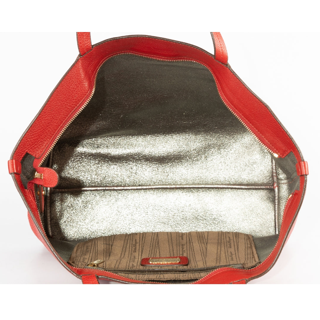 Salvatore Ferragamo Red Pebbled Leather Bice Tote Bag