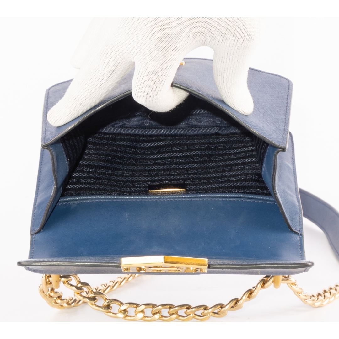 Prada Blue Leather Turnlock Flap Chain Crossbody Bag