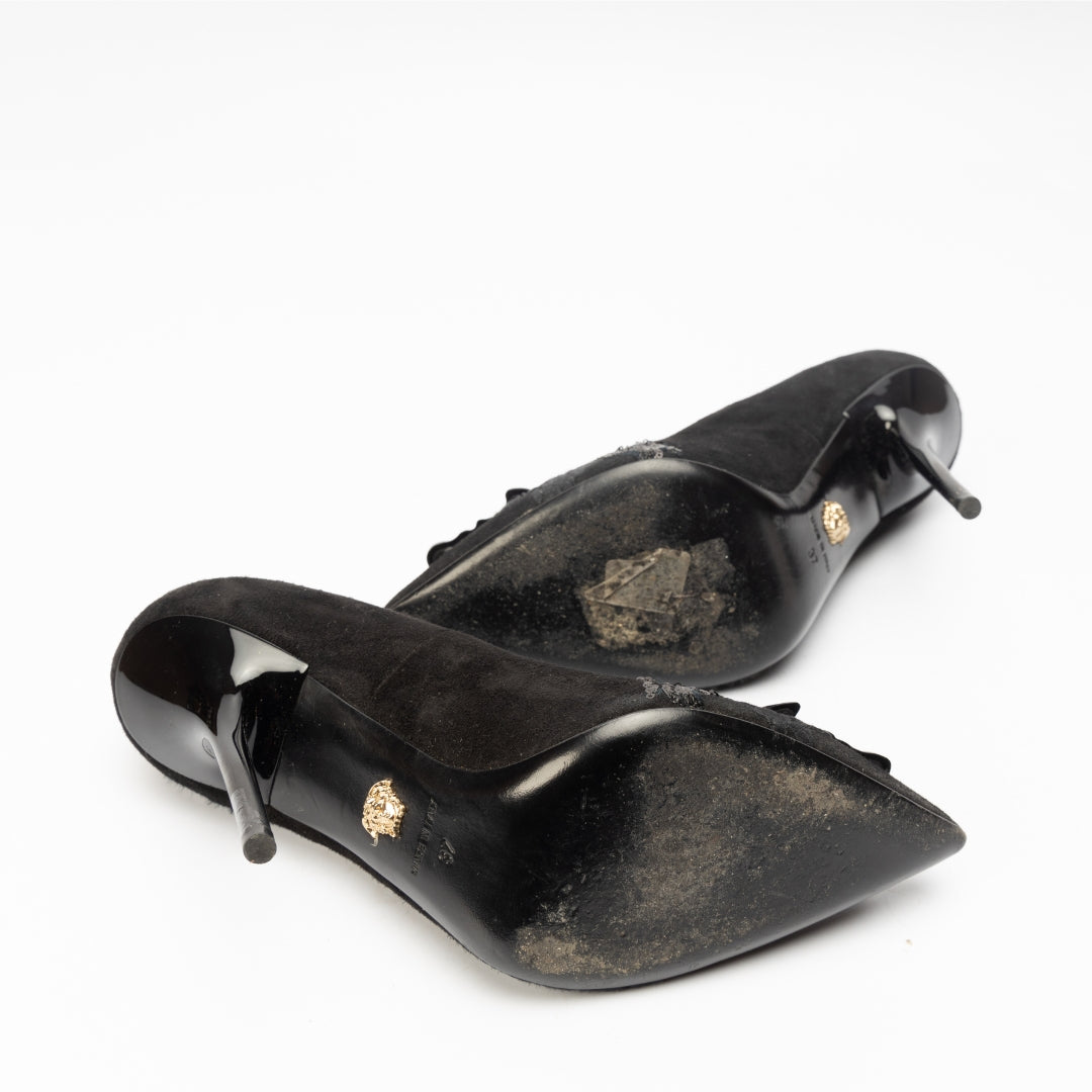 Versace Black Suede Medusa Pointed Toe Pumps