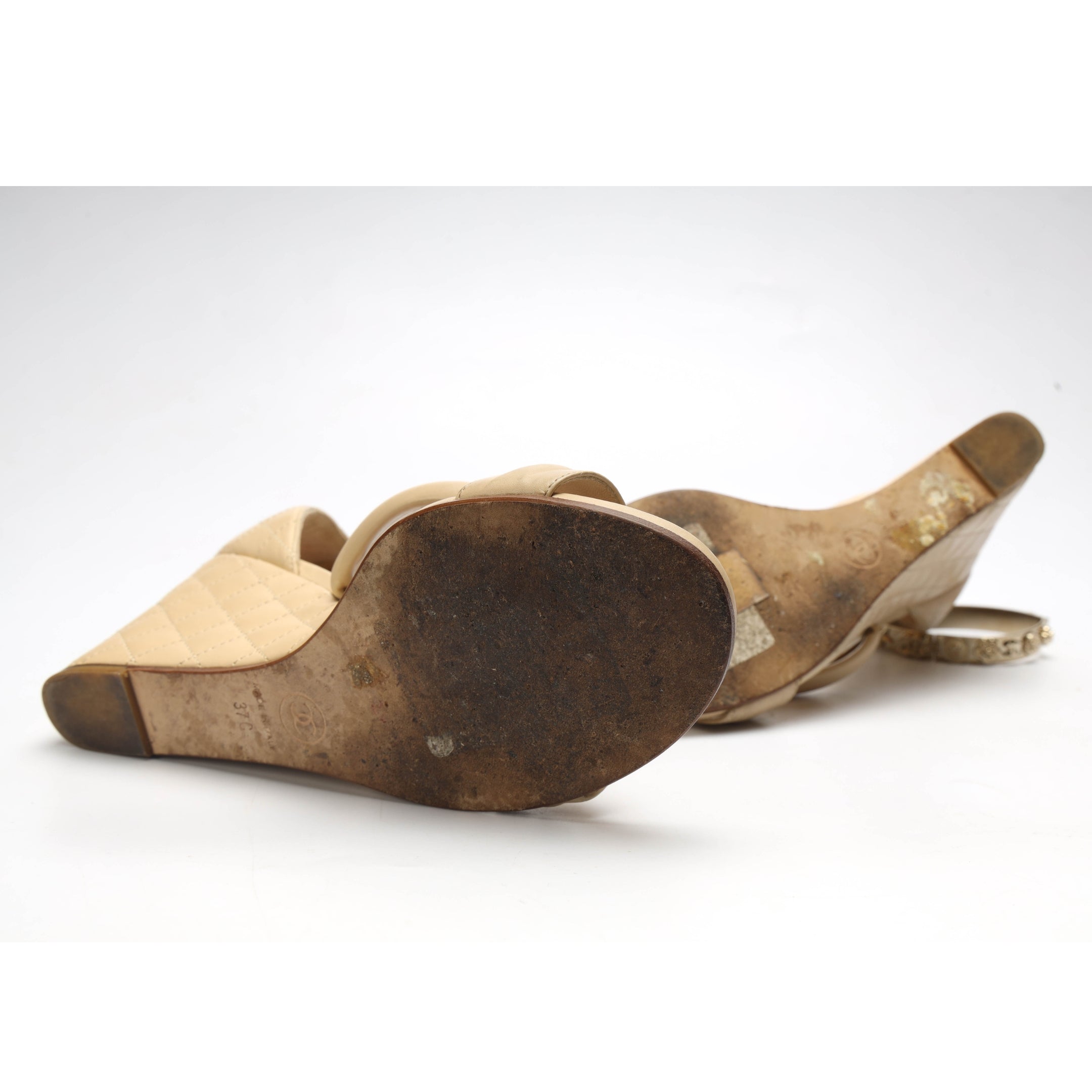 Chanel Beige Quilted Ankle Cuff Wedge Sandals