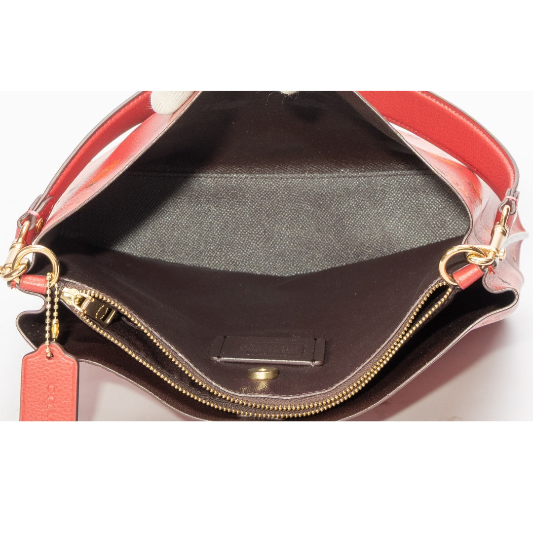 Coach Red Mollie Bucket Bag With Peony Print